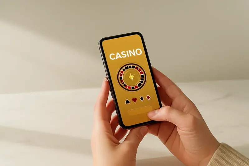 Close-up of hands holding smartphone with casino app on marble surface