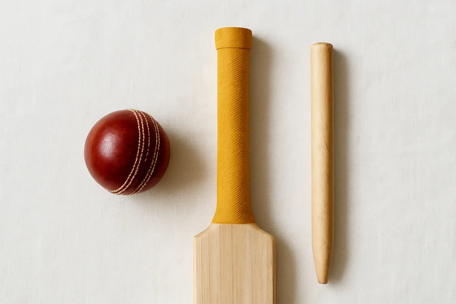 Cricket Gear Flat Lay Overhead flat lay of cricket ball, bat handle, and stump