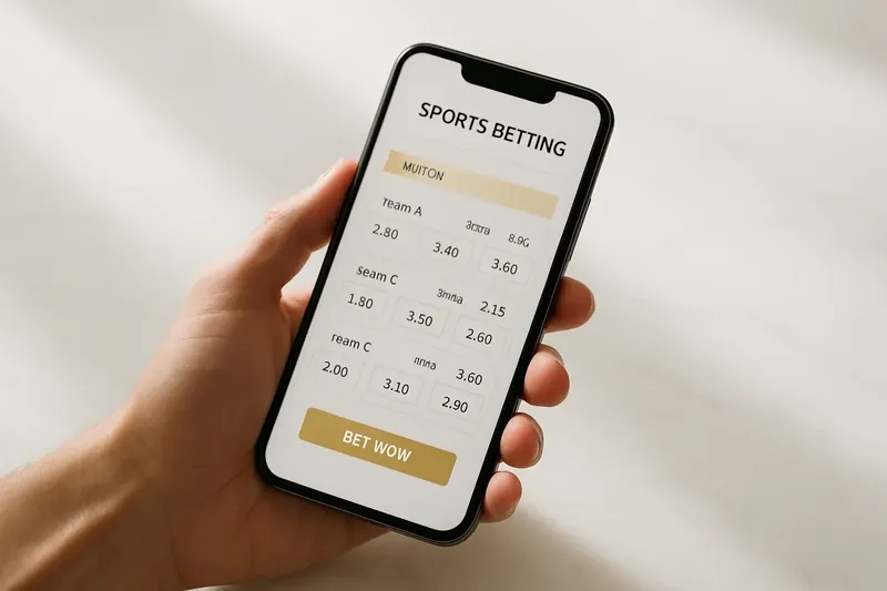 Hand holding smartphone showing sports betting odds on marble surface