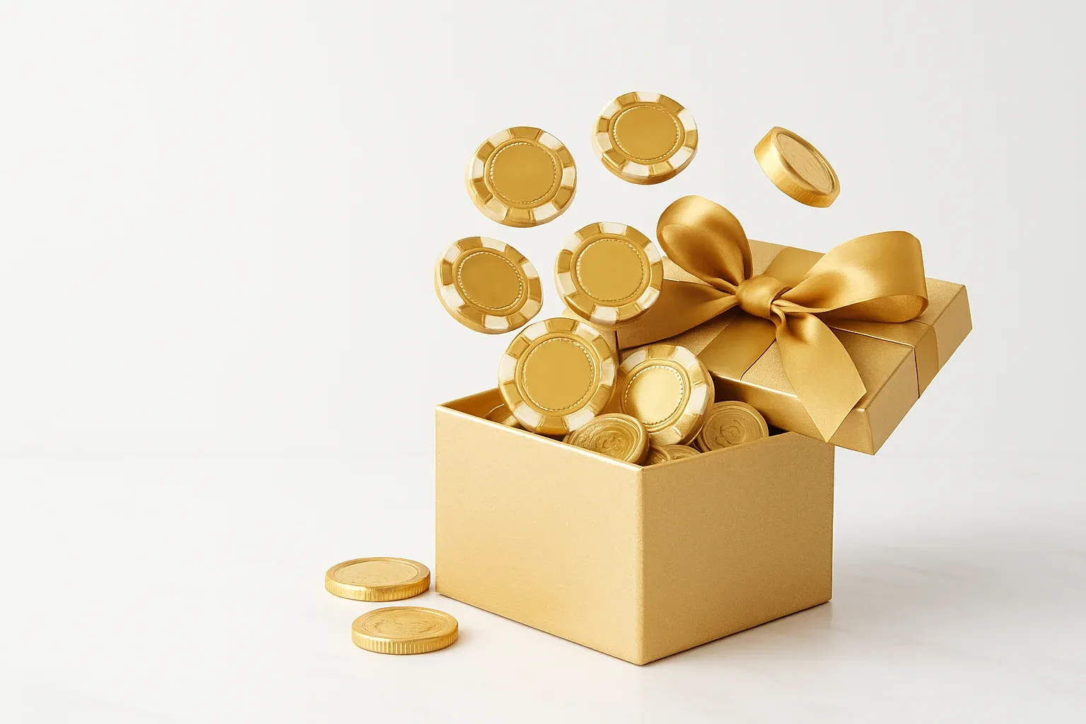 Golden Bonus Gift Box Golden gift box overflowing with poker chips and gold coins