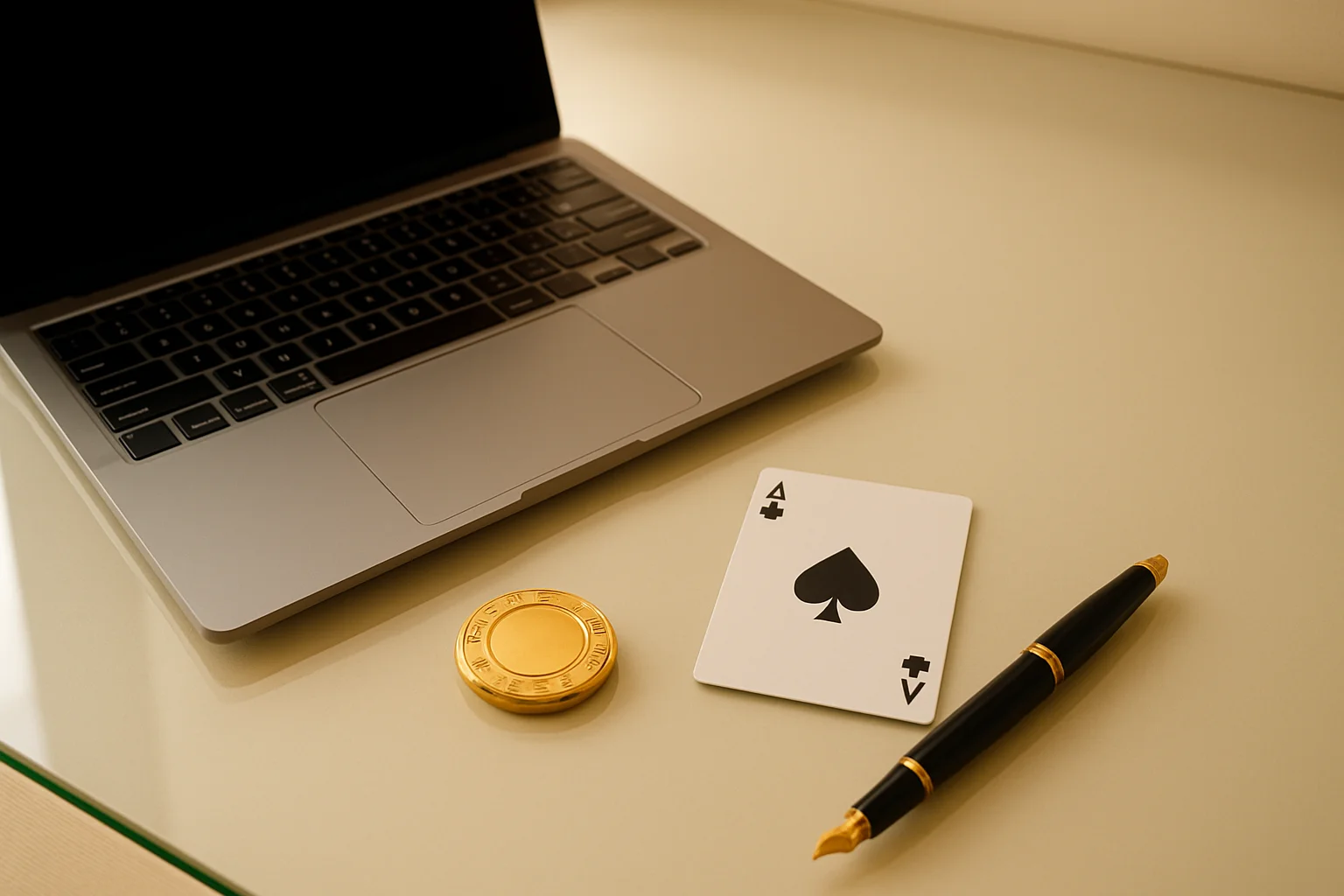 Overhead glass desk with laptop, casino chip, ace card, and pen
