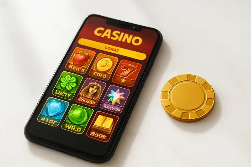 Smartphone on white marble showing colorful casino game lobby