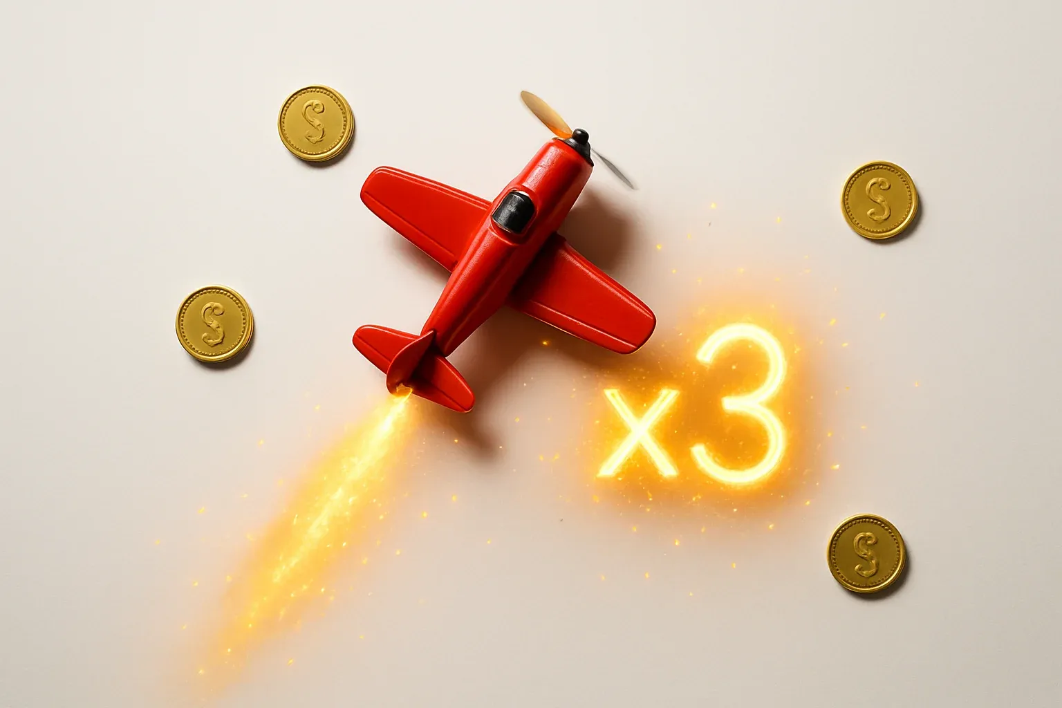 Aviator Crash Scene Red airplane climbing with glowing multiplier trail, coins, and sparks
