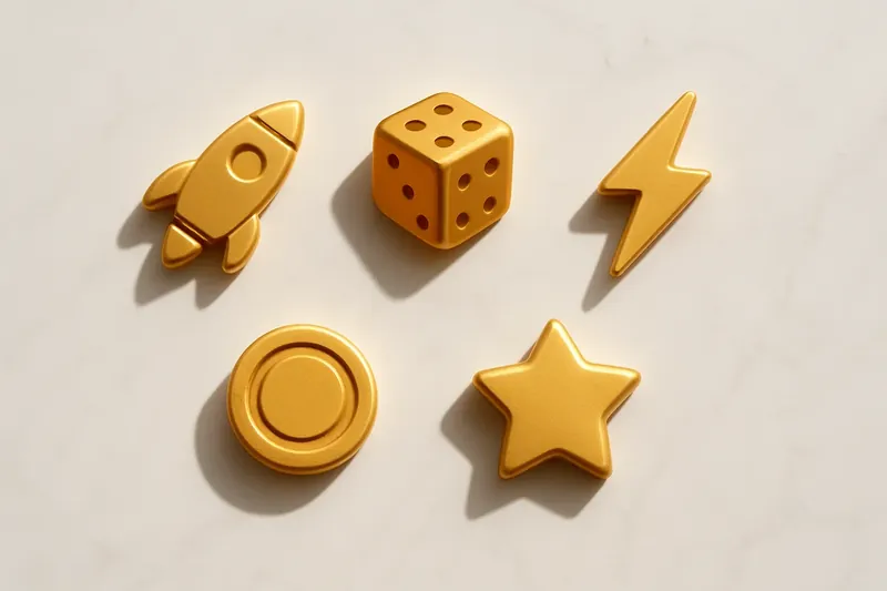 Five 3D instant game symbols on white marble flat lay