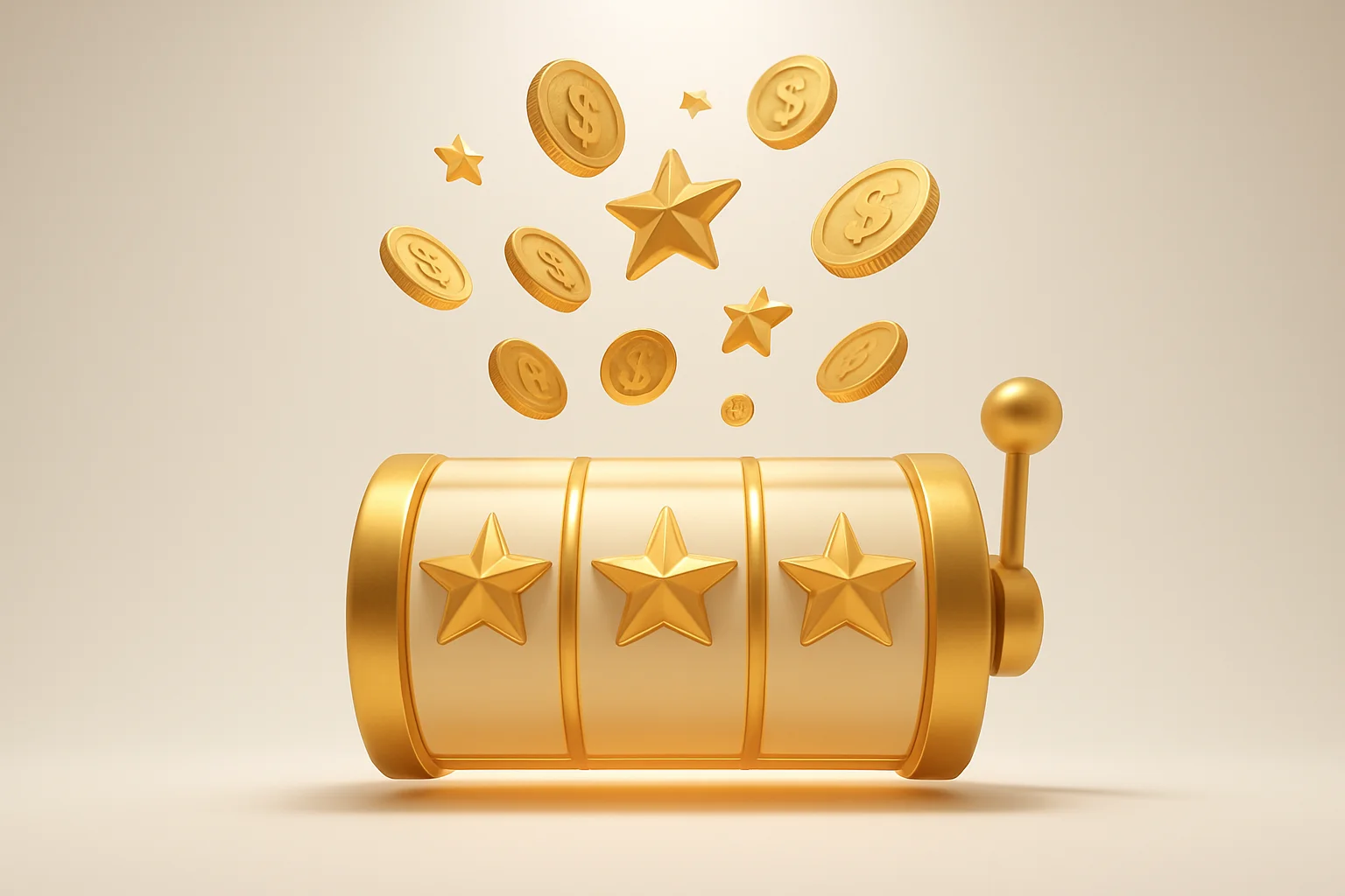 Slot machine jackpot with floating coins and stars on white background