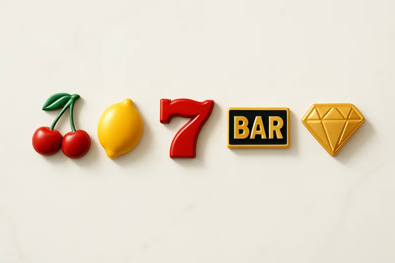 Five polished slot symbols in a neat row on white marble